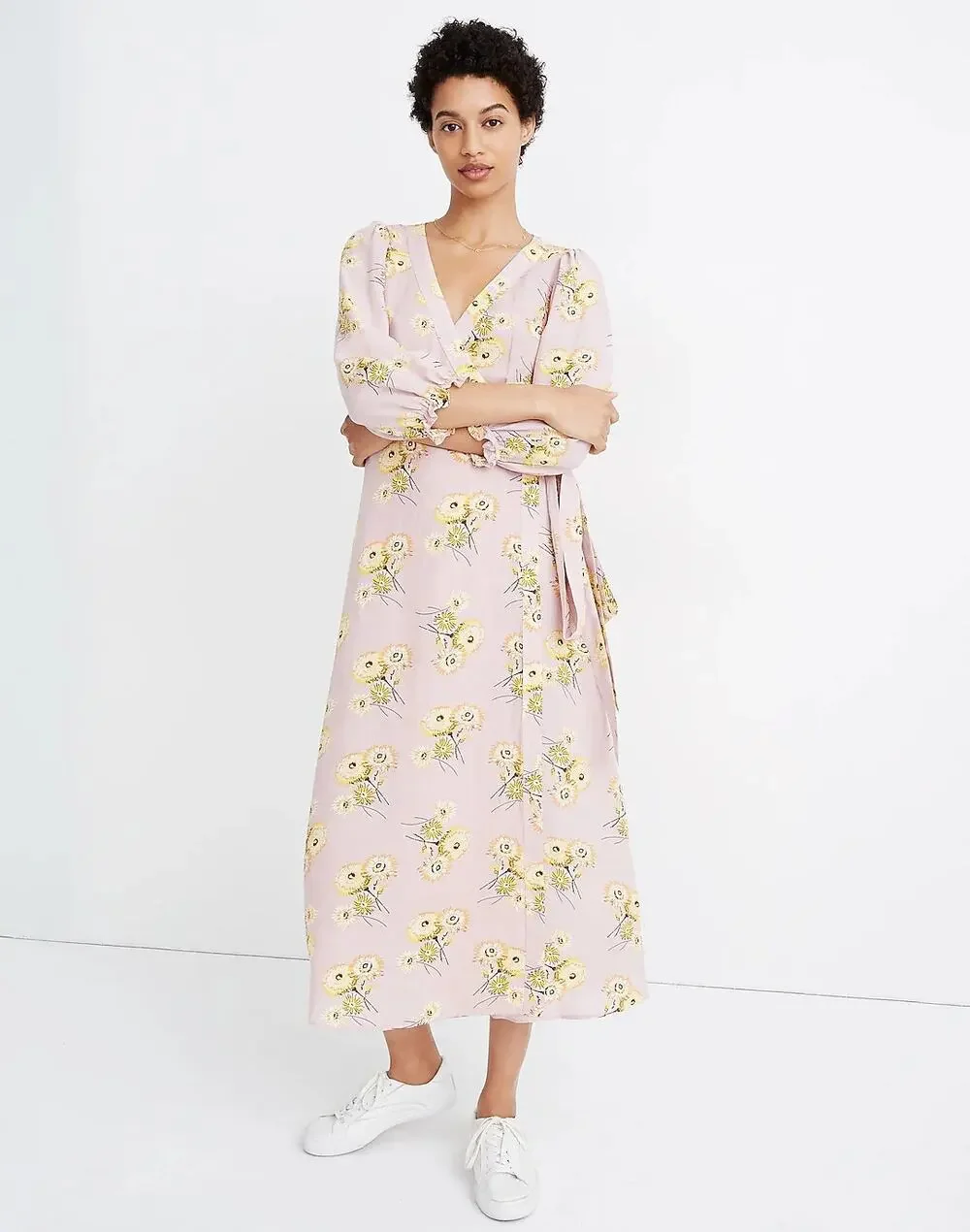 Madewell Linen Dress Pink Dutch Danelions Pink Floral Wrap Dress XS Boho Cottage - Picture 1 of 6
